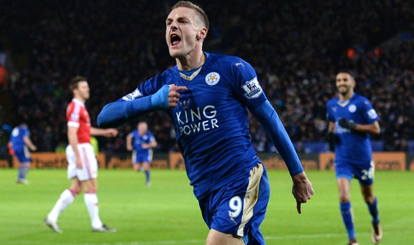 Striker Leicester City, Jamie Vardy, usai menjebol gawang MU.