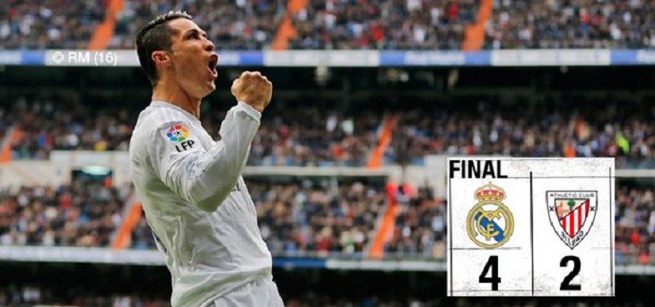 Cristiano Ronaldo mencetak dua gol dalam kemenangan Real Madrid atas Athletic Bilbao. Foto: elcomercio.pe