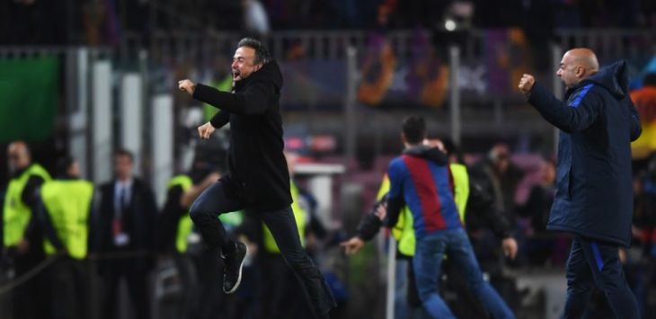 Luapan Luis Enrique saat Barcelona memenangkan pertandingan leg kedua 16 besar melawan PSG di Camp Nou. (zimbio)