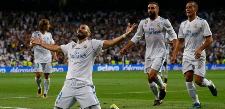 Selebrasi gol Karim Benzema usai mencetak gol untuk Real Madrid (Reuters)