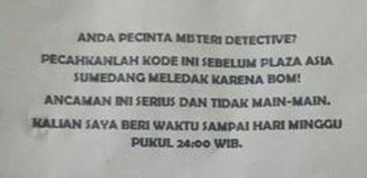 Surat teror bom di Mal Asia Plaza Sumedang (ist) 