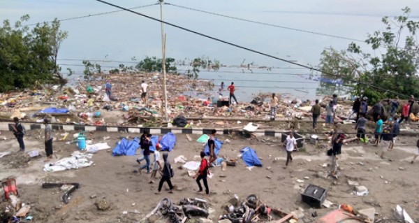 Sejumlah mayat dengan penutup biru tampak di kawasan pantai di Palu.