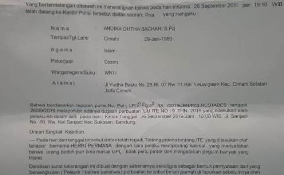 Bukti laporan kasus Herri ke Polrestabes Bandung pada Kamis 26 September 2019. Foto:Istimewa