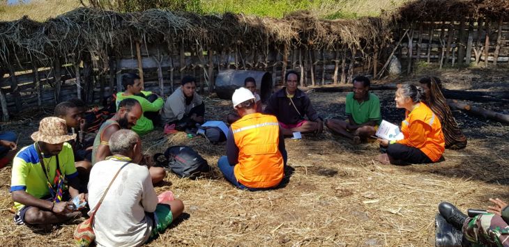 ISTIRAHAT : Sejumlah tim beristirahat didampingi warga saat melakukan survei di salah satu desa di Papua. (dok. Jawa pos)