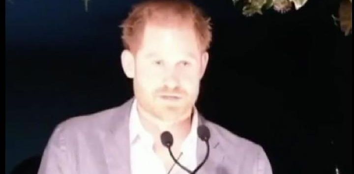 Pangeran Harry, Duke of Sussex, berpidato di hadapan pendukungnya pada hari Minggu, 19 Januari 2020.[Sky News]