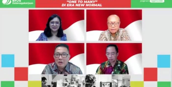 TANGKAPAN LAYAR: Tangkapan layar kegiatan Webinar BPJAMSOSTEK dengan tema pelayanan tanpa kontak fisik di Era New Normal, Kamis (9/7/2020).