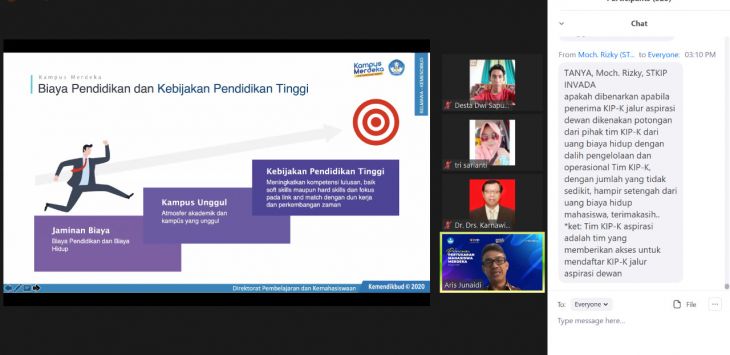 TANGKAPAN LAYAR: Kegiatan webinar nasional dengan tema “Sukseskan Kartu Indonesia Pintar Kuliah Merdeka” yang digelar PDRI bekerja sama dengan Kementerian Pendidikan Dan Kebudayaan (Kemendikbud), Universitas Pasundan dan Universitas Al-Ghifari melalui aplikasi zoom, Senin, (12/4). (Foto : ist) 