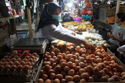 Pedagang merapihkan telur di salah satu kios di Pasar, Lembang, Kabupaten Bandung Barat, Selasa (21/9). (FOTO: TAOFIK ACHMAD HIDAYAT/RADAR BANDUNG)