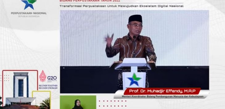 Menteri Koordinator Bidang Pembangunan Manusia dan Kebudayaan, Muhadjir Effendy, resmi membuka Rapat Kerja Nasional (Rakornas) Bidang Perpustakaan 2022, Selasa, (29/3/2022). (ist)