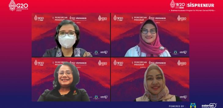Deputi Bidang Kesetaraan Gender Kementerian PPPA (Kemen PPPA) Republik Indonesia, Lenny N. Rosalin (kiri atas), Co-Chair W20 Indonesia, Dian Siswarini (kanan atas), Chair W20 Indonesia, Uli Silalahi (kiri bawah), Komite W20 Indonesia, Tri Wahyuningsih (kanan bawah) pada pembukaan W20 Sispreneur yang berlangsung di Jakarta, Kamis (2/6). (ist)