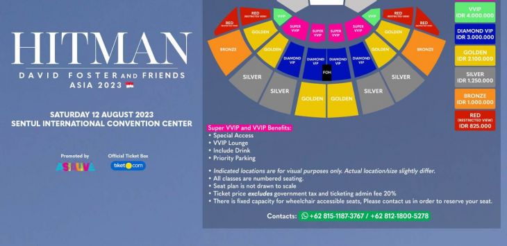 Konser penyanyi legendaris David Foster & Friends bertajuk HITMAN Asia Tour 2023 presented by Color Asia Live akan digelar 12 Agustus 2023 di Sentul International Convention Center, Bogor. Foto tiket.com for pojokbandung