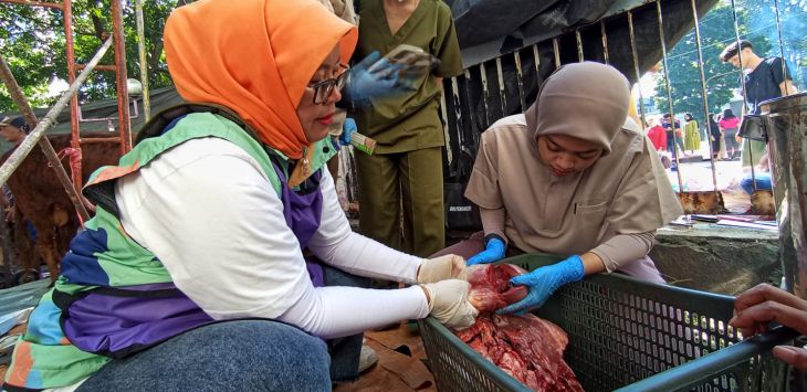 Petugas pemeriksa kesehatan hewan kurban dari DKPP Kota Bandung dan mahasiswa kedokteran Unpad memeriksa organ dalam sapi kurban di Halaman Masjid Lautze 2, Jalan Tamblong, Kota Bandung, Senin (17/6). TAOFIK ACHMAD HIDAYAT/RADAR BANDUNG