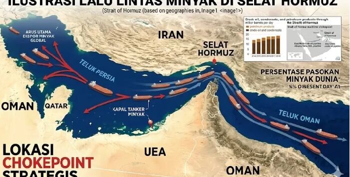 Ilustrasi lalu lintas minyak di selat Hormuz. Industri tekstil dan produk tekstil (TPT) di Indonesia siaga menghadapi potensi gangguan, baik dari sisi pasokan bahan baku maupun lonjakan biaya logistik akibat konflik di Timur Tengah. Foto : Generated by AI